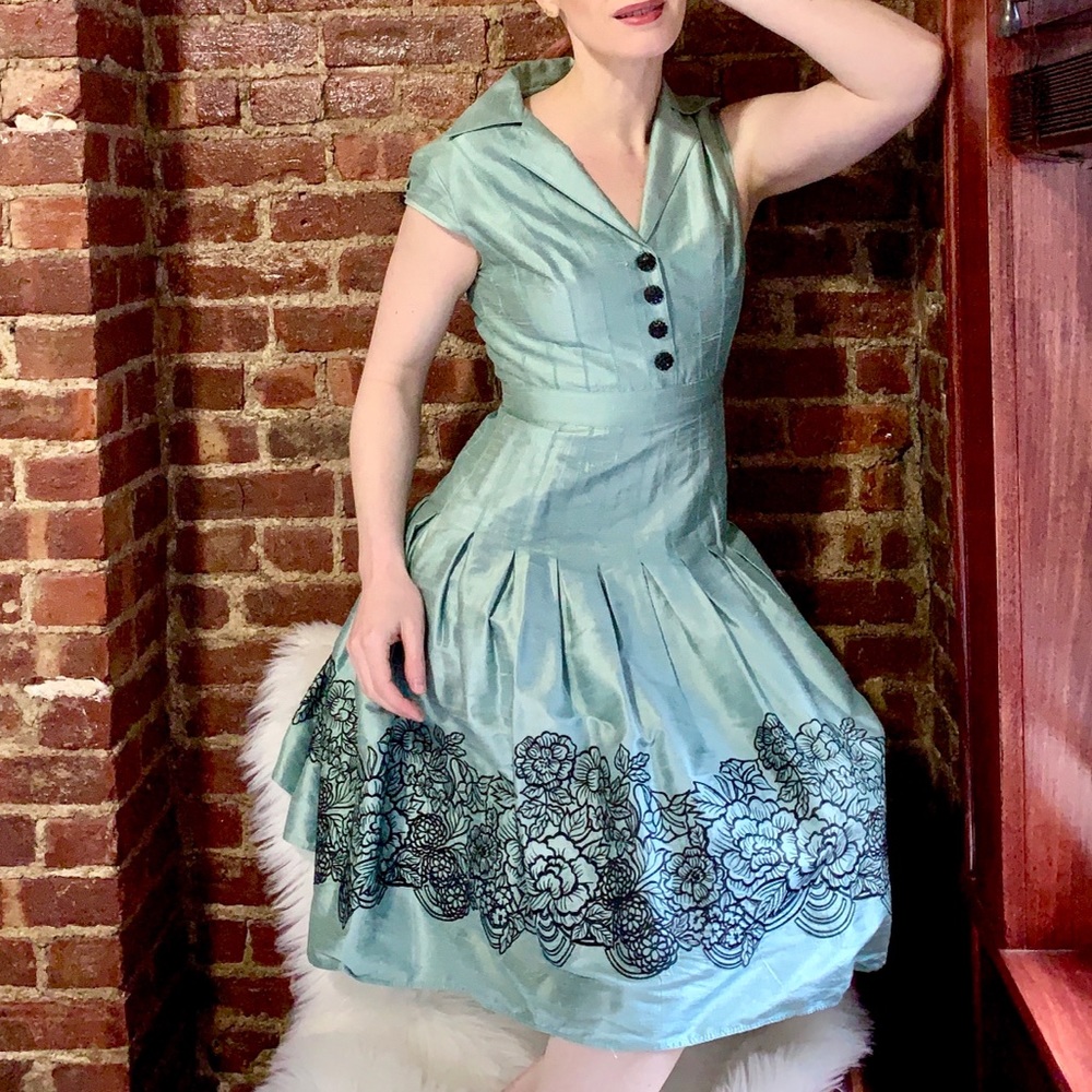 Kay Unger T-length raw silk dress w/vintage detail